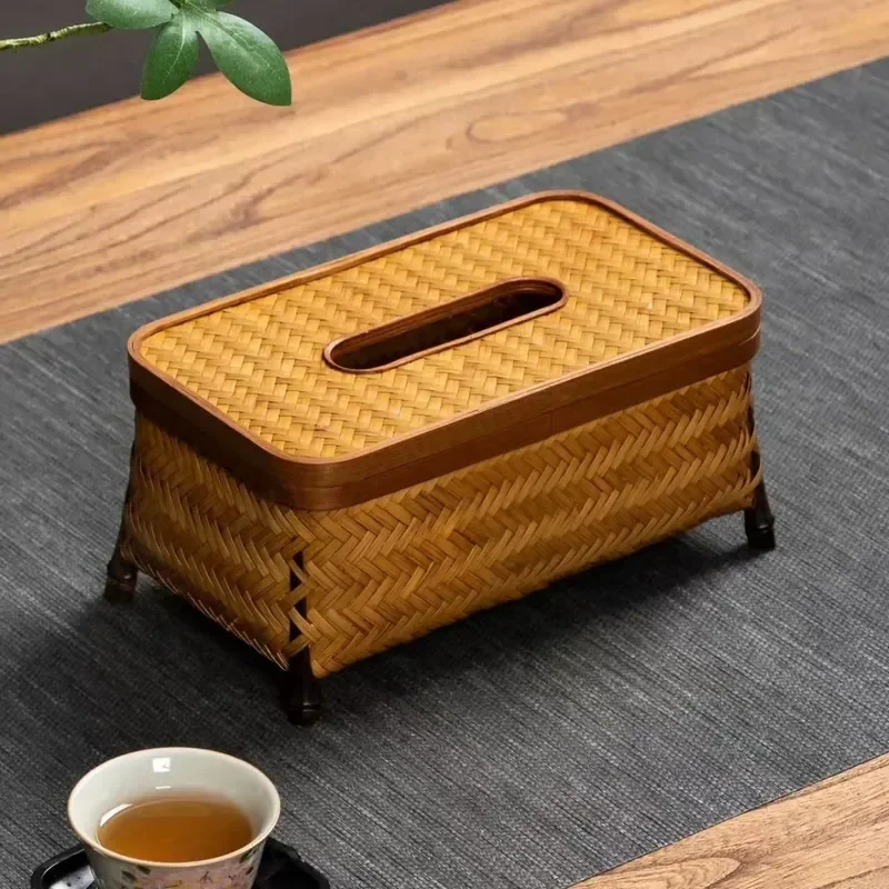 Handmade Bamboo Tissue Box Lacquer Woven Retro Chinese Style Rectangular Paper Holder for Living Room Dining Room Study Tea