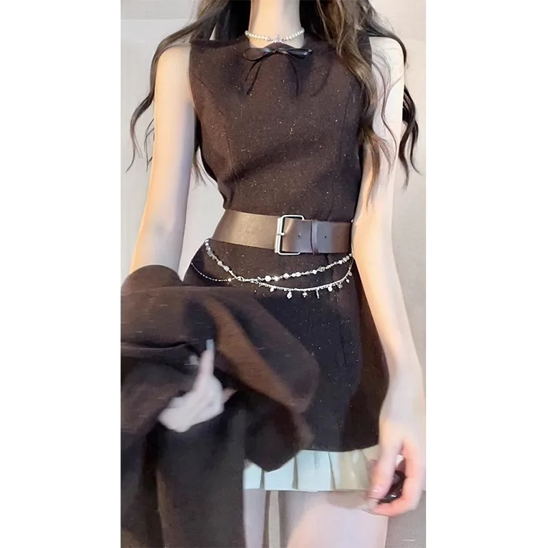 

Модное женское Шерстяное Пальто с воротником-стойкой, платье без рукавов, комплект из двух предметов, Женский темпераментный приталенный Весенний костюм со съемным воланом