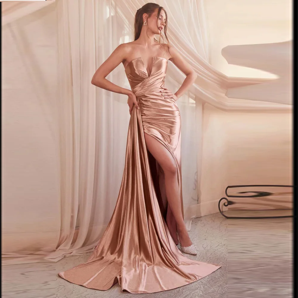 2026A new strapless A-line satin evening dress with a side slit and a small tail, a sexy custom ball party dress
