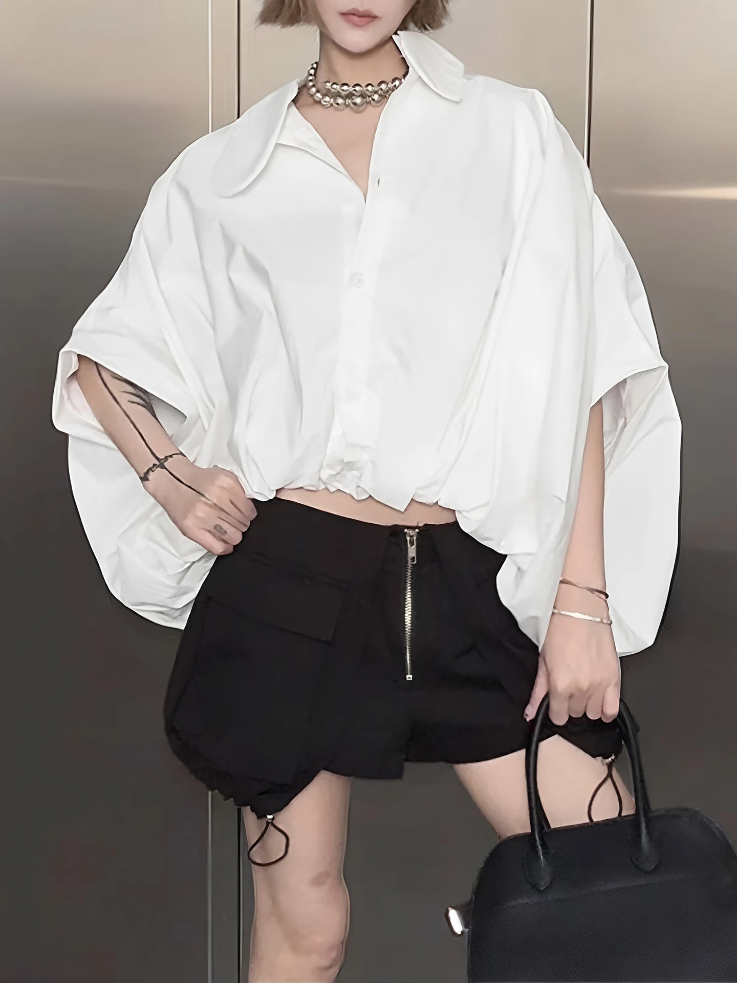 

Elegant Loose Women's Shirt with Flower Bud Design Asymmetric Collar Batwing Sleeves Comfortable Fit Top for Ladies