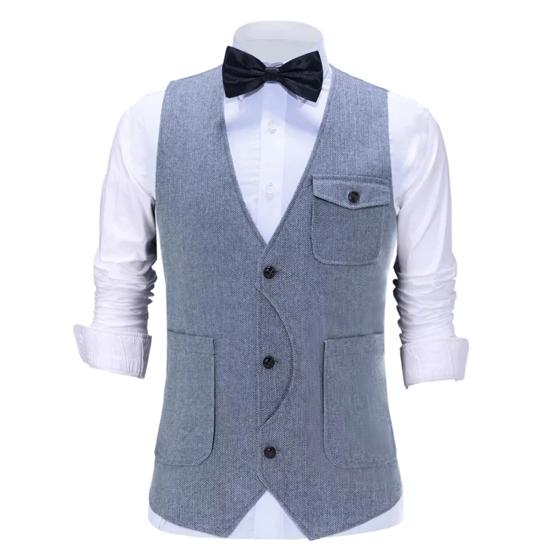 

Men Vest Light Gray Solid Herringbone Tweed Slim Casual Waistcoat Sleeveless Jacket For Wedding Party Banquet Prom Set