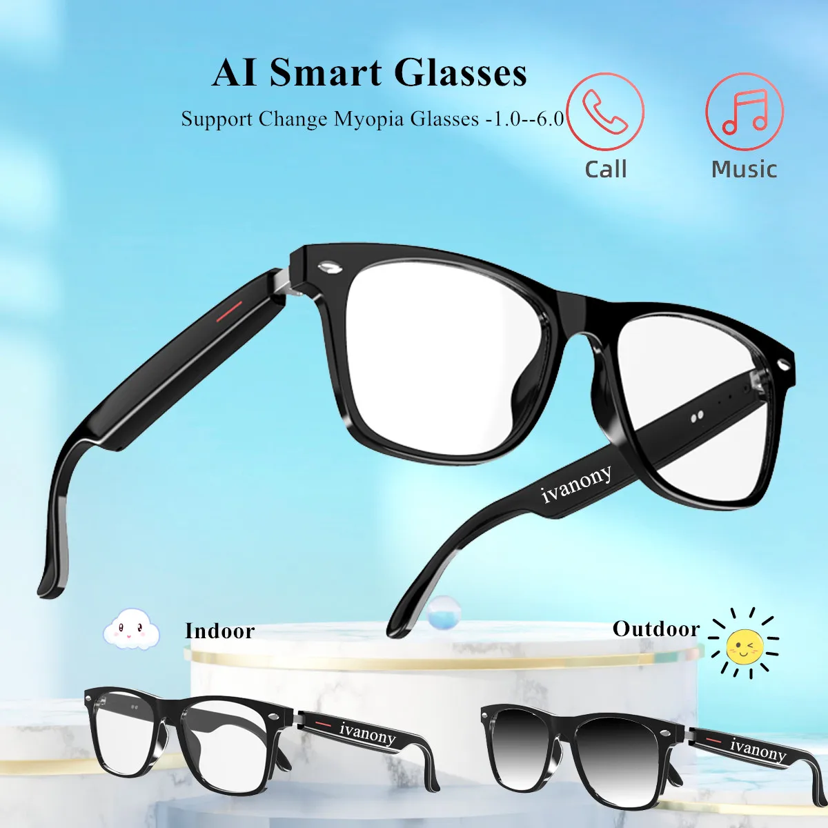 

Smart Glasses Prescription Color-Change Support Change Myopia Glasses Lenses Bluetooth Call Map Navigation AI Smart Eyeglasses