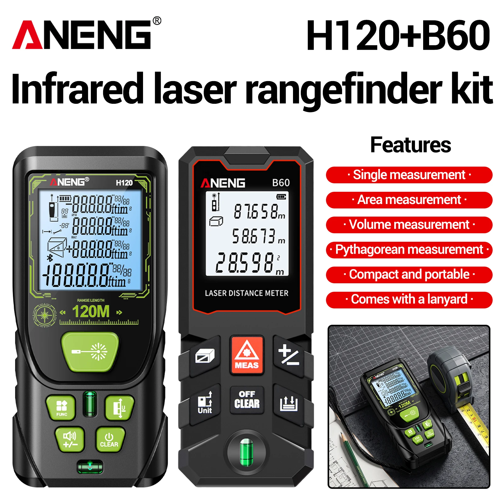ANENG H120+B60 Laser Rangefinder Set 120M 60M Handheld Measure Area Volume Pythagorean 30 Groups Data For DIY Building Project