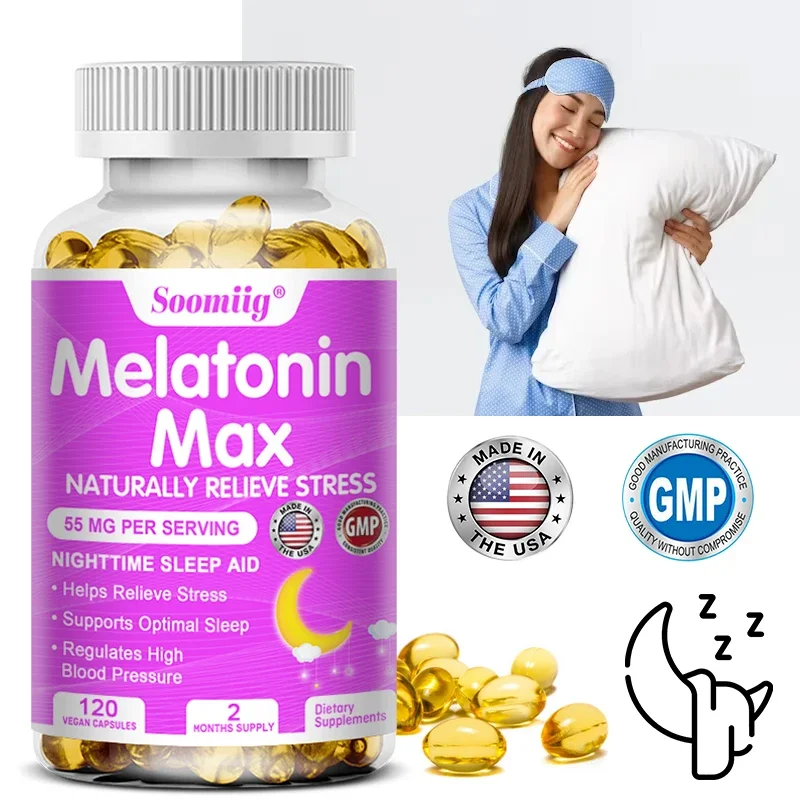 Melatonina Max, suplemento de sono para adultos, 55 mg, 120 cápsulas moles, ajuda a melhorar o estresse, promove o sono profundo, suporte imunológico