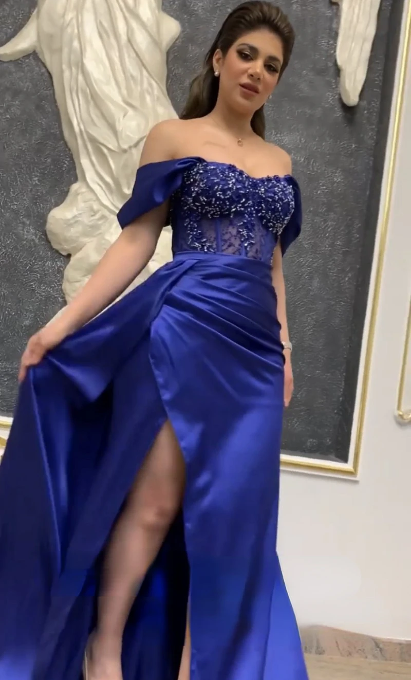 Blue Evening Dress for Wedding Party Satin Beaded Appliques Off the Shoulder Vintage Mermaid Prom Gowns Celebrity Dress