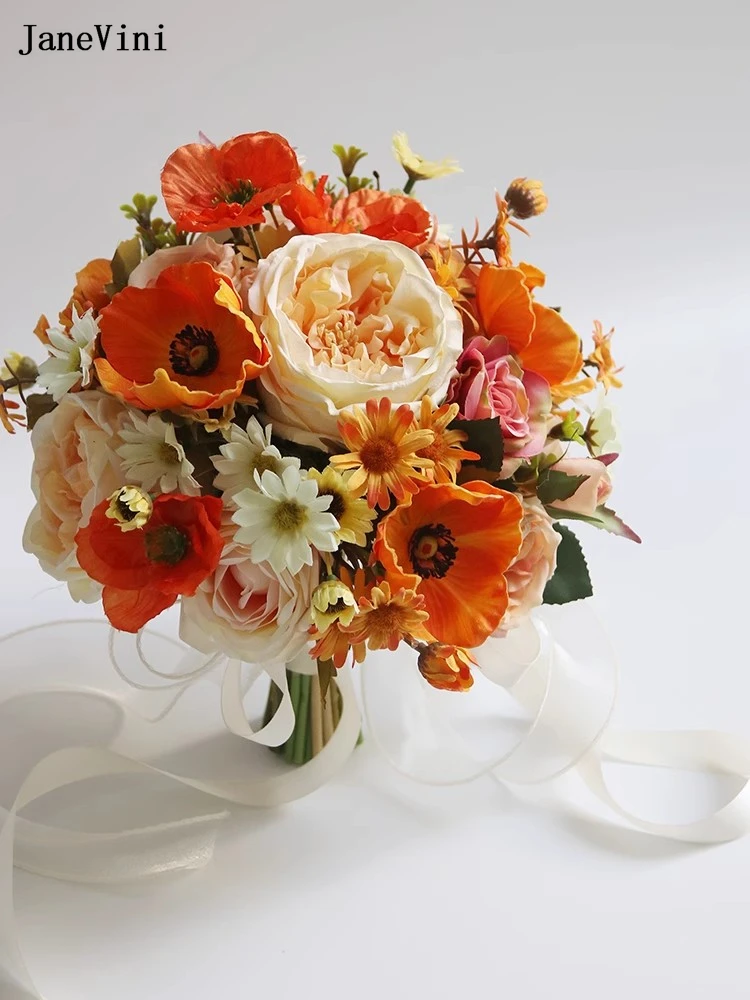 JaneVini Charming Orange Bridal Bouquets Artificial Silk Roses Real Touch Bridesmaid Holding Flowers Bouquet Wedding Accessories