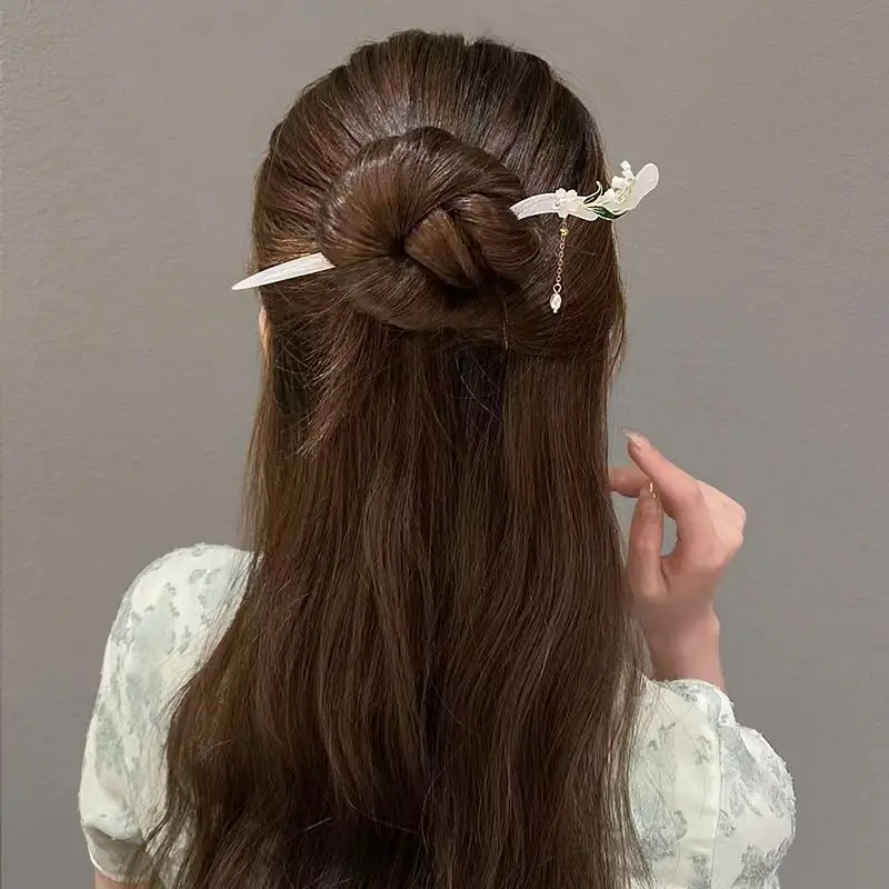 Chinese Jade Hair Stick Hairpin Women Flower Hair Sticks with Tassel Hair Pin for Girls Traditional Vintage Hair Accessories