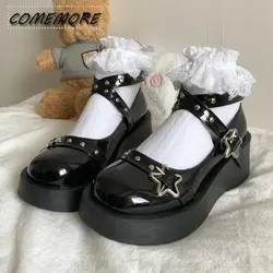 Japońskie buty Lolita Star pasek z klamrą Mary Janes damskie wiązane krzyżowo platformy PU lakierki czarne dziewczyny nit obuwie