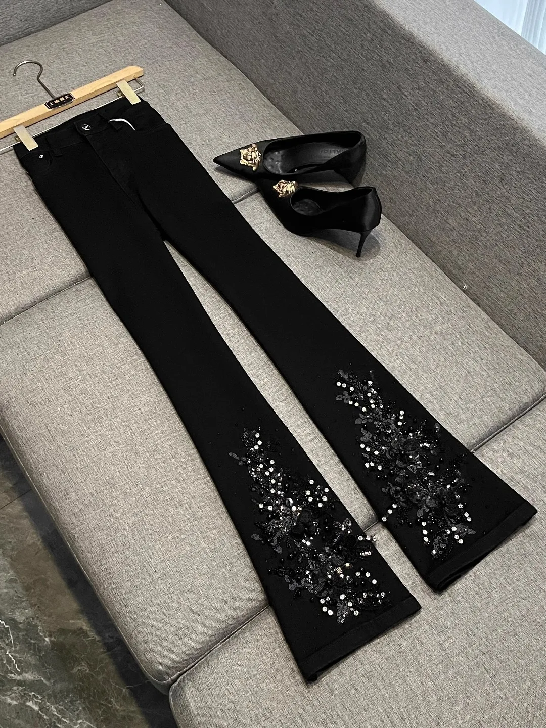 

New 2025 Women's Elastic Micro Flare Jeans High Waist Cotton Fabric Embroidered Diamond Studded Straight Leg Pants Casual Tro...