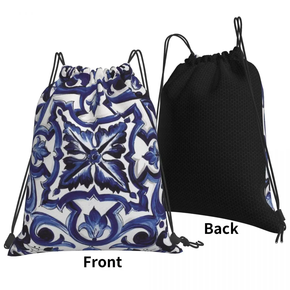 Blue Ornate Floral Mediterranean Sicilian Tile Backpacks Fashion Drawstring Bags Storage Bag Book Bags for Travel School