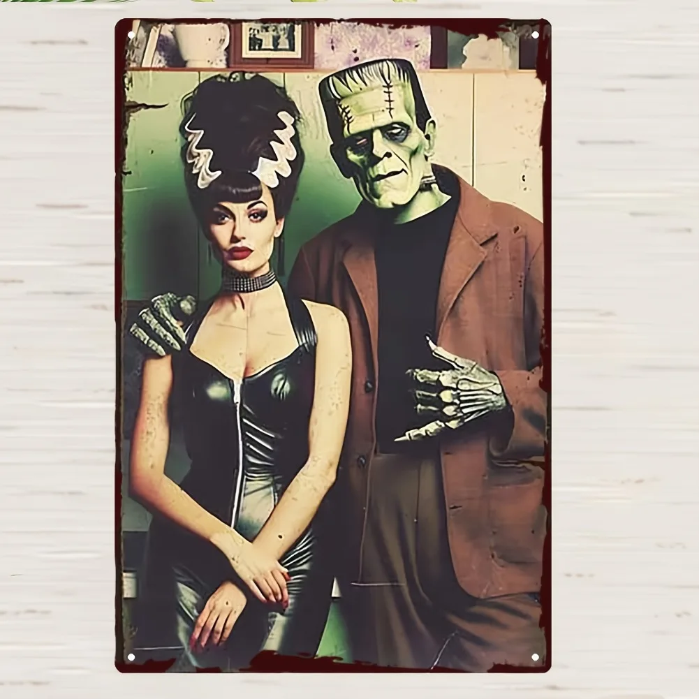 لافتة فنية جدارية معدنية عتيقة ثنائية الأبعاد، قطعة واحدة من Frankenstein - 20 × 30 سم / 8 × 12 بوصة ديكور رعب قوطي حديدي مع زوجين وحش كلاسيكيين #4