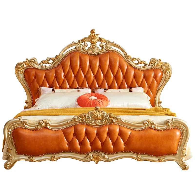 

European American luxury solid wood carving flower tracing gold and silver 1.8 meters double bed villa princess leather