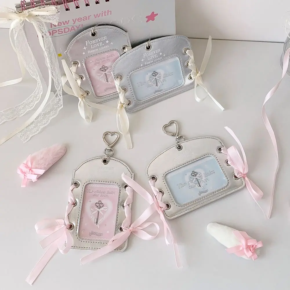 Korean Idol Balletcore Photocard Holder Ribbon DIY PU Photocard Holder with Keychain Pendant Korean Style Bus Card Holder