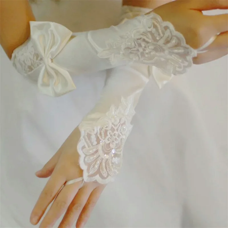 Gants en satin à paillettes en dentelle sans doigts pour femmes avec nœud papillon, gants de fête pour patients, gants de mariée et de mariage