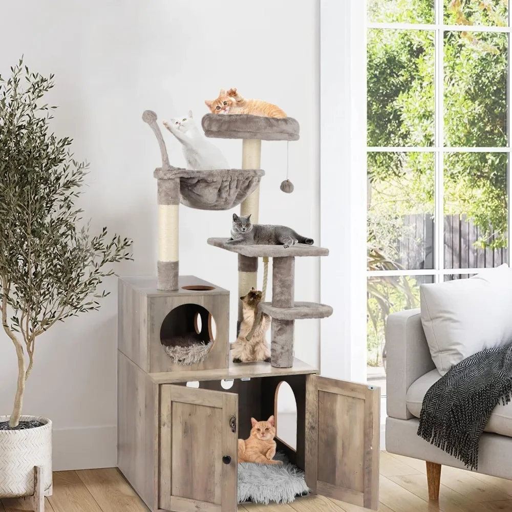 

Cat Tree with Litter Box Enclosure 2-in-1 Tower for Indoor Cats Large Cat Furniture Wood Cat Condo with Basket Scratching Posts