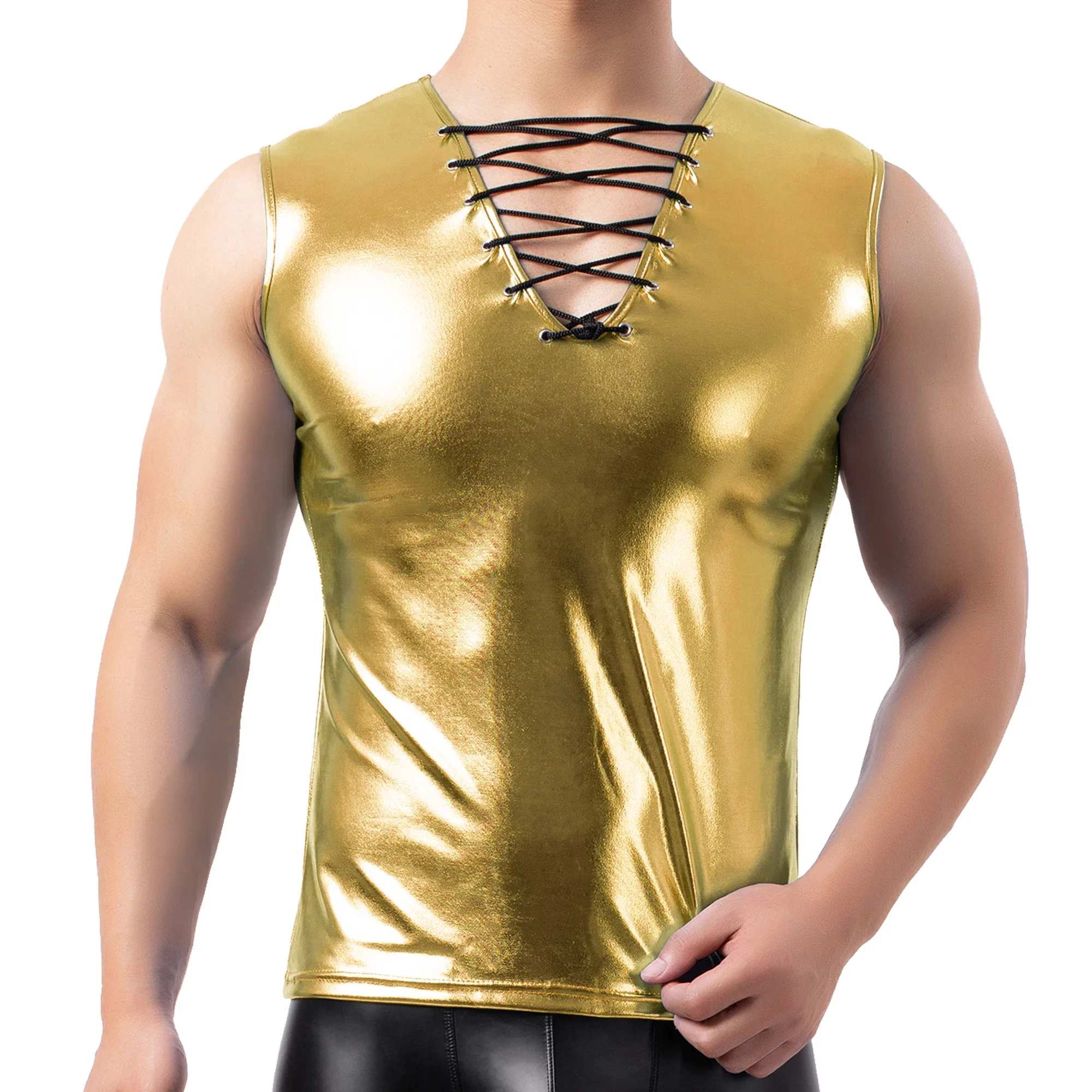 

Sexy Men Tank Top Shiny Faux Leather V-neck Lace-up Tank Top Slim Sleeveless Tight Shirts Vest Metallic Nightclub Stage Clubwear