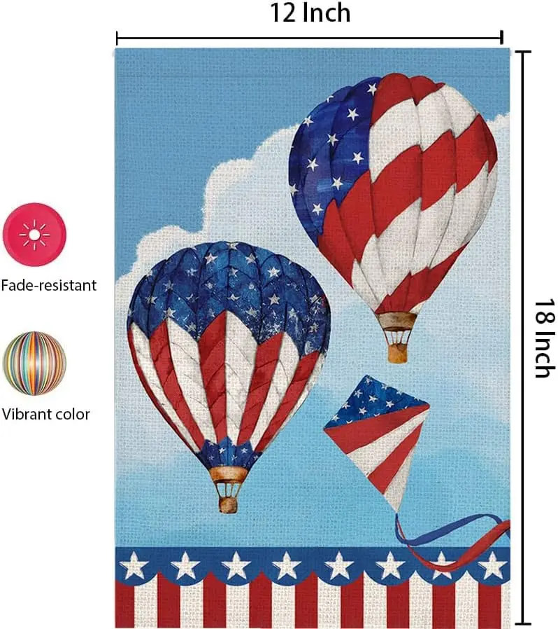 Asminifor 4th of July Hot Air Balloon Garden Flag 12x18Inch, Decor America Patriotic Flags Double Sided, Memorial Independence D