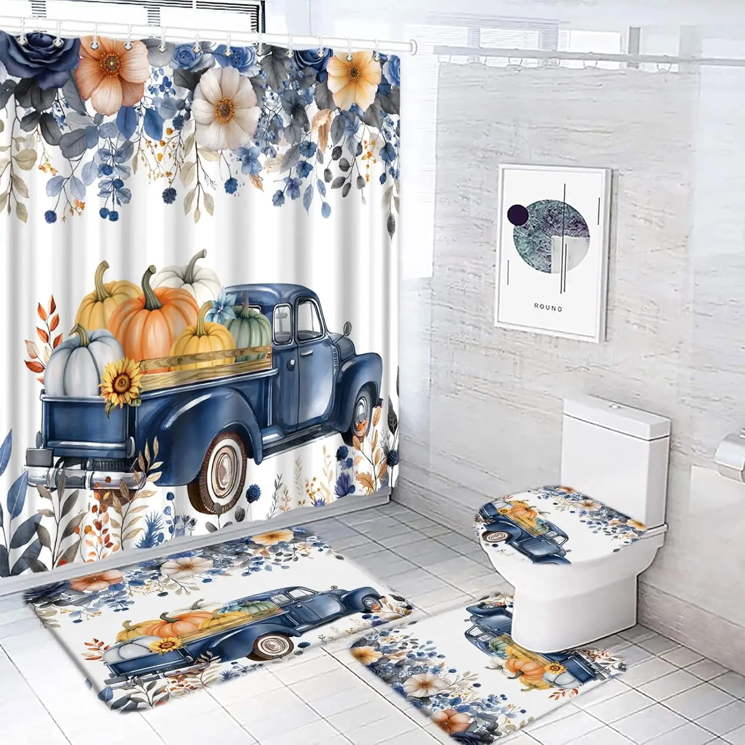 

4 шт. Набор занавесок для душа с тыквой и грузовиком, синие цветочные листья, осенний урожай в деревенском стиле, занавеска для душа 70 x 70 дюймов с 12 крючками,