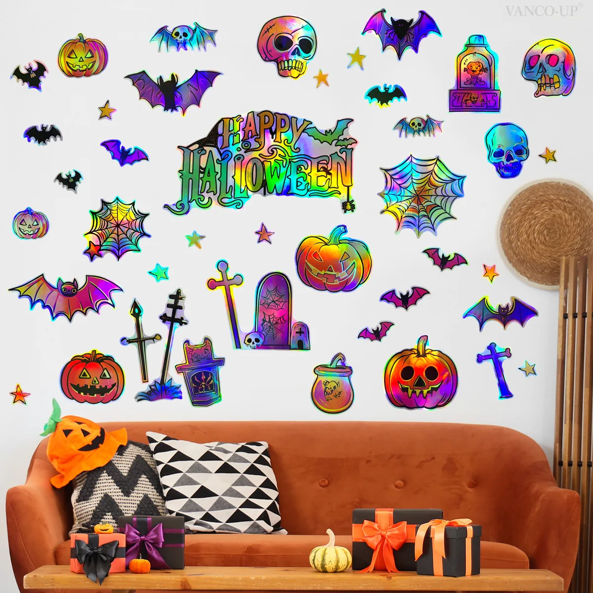Laser material gradual change colorful Halloween bat pumpkin wall sticker holiday home decoration