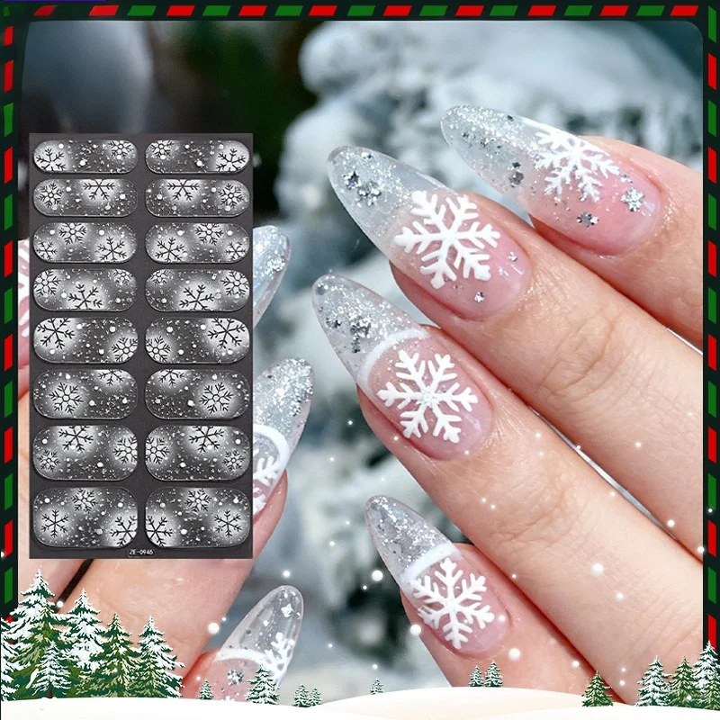16Tips Christmas Snowflake Full Cover Nail Sticker Brown Shiny Gradient Color Nail Wraps Decals DIY Decoration Nail Art Sticker
