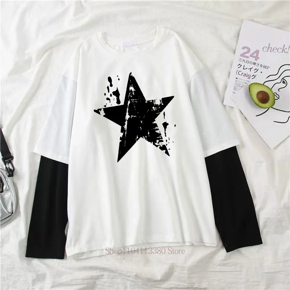 Damen Retro Star Y2K Print Grafik Fake Two-Layer Langarm-T-Shirt – Modisches Gothic Casual Loose Fake Two-Layer Langarm-T-Shirt – Detail 5
