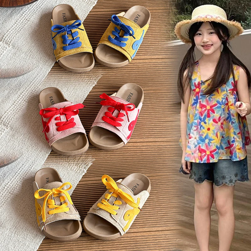 Kids Color Contrast Lace-up Slide Slippers Suede Upper Flat Rubber Sole, Casual Open Toe Slides for Indoor & Outdoor Summer Wear
