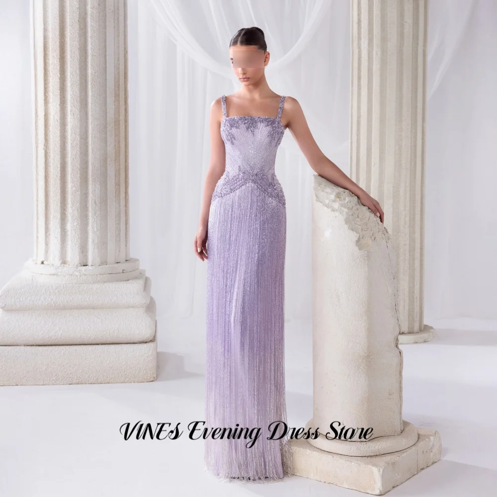 VINES Luxury Lavender Purple Straps Evening Dress Beaded Bodice Fringe Tassel Prom Gown Long Bodycon Party Dresses Customized