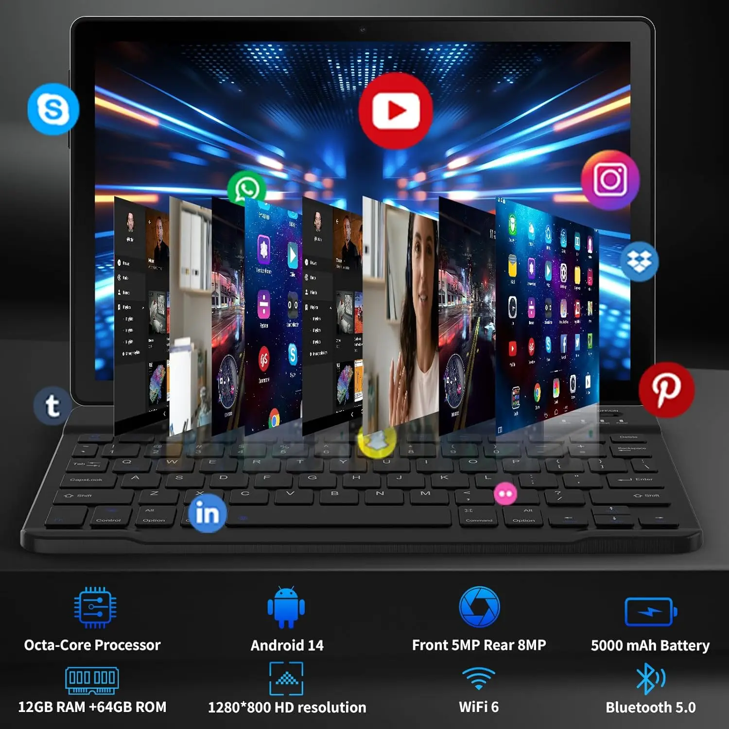 URAO A10L 10-дюймовый планшет Android 14 12 ГБ ОЗУ 64 ГБ ПЗУ Octa-Core 5G Wi-Fi с клавиатурой Мышь Сенсорная ручка Гарнитура Чехол Комплект планшета