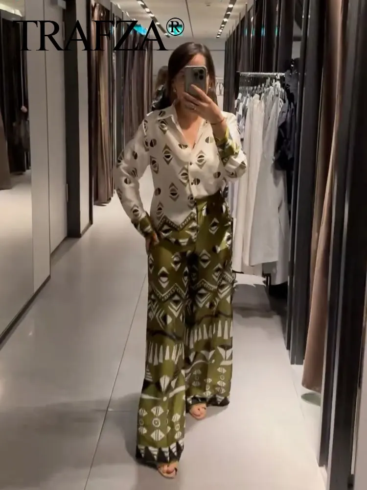 

TRAFZA Woman Sets Green Print Turn-Down Collar Long Sleeves Single-Breasted Shirts+High Waist Wide Leg Pants Female Summer Suits