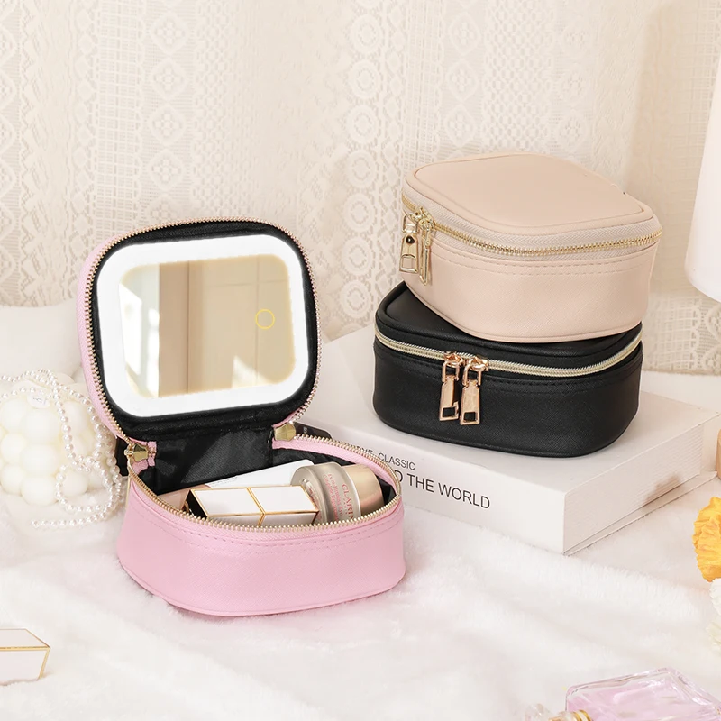 1 PC PU leather Makeup Bag - Portable travel odorless, jewelry and makeup storage bag with led lights and detachable mirror