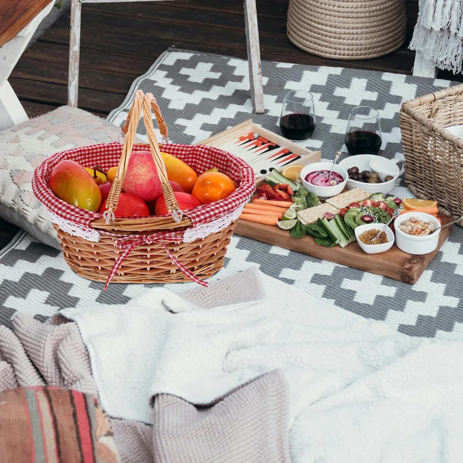 

Многофункциональная плетеная корзина для хранения с ручкой, винтажная корзина для пикника в деревенском стиле для фруктов, овощей, цветов, украшения дома