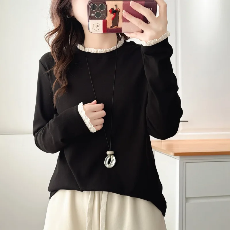 Women Lace Trim Mock Neck Long Sleeve Top Soft Thermal Loose Hide Belly Base Shirt