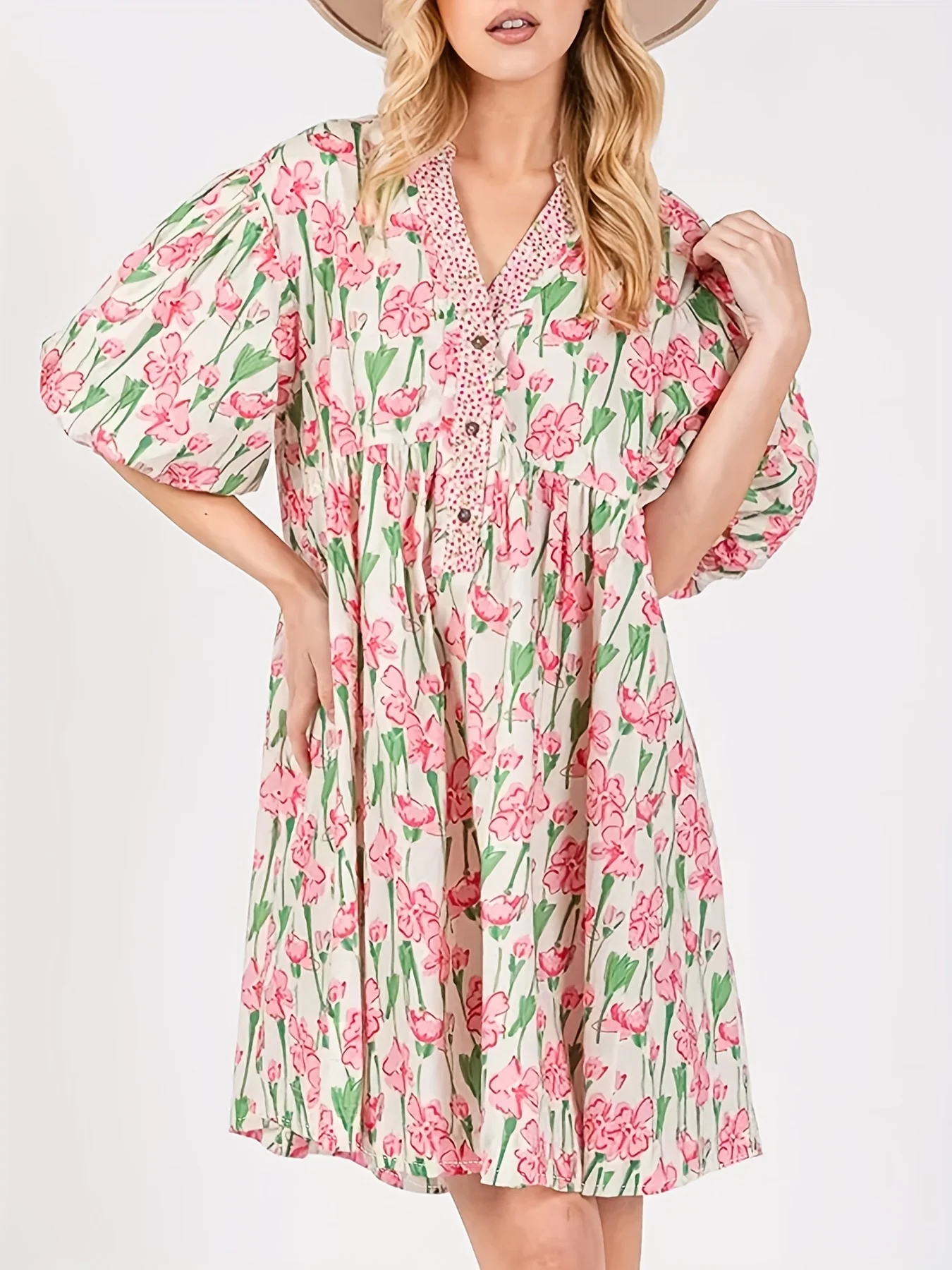 플러스 사이즈 여성용 올 시즌 플로럴 프린트 드레스 핑크 스위트 브이넥 퍼프 슬리브 루즈핏 버튼 디테일 드레스