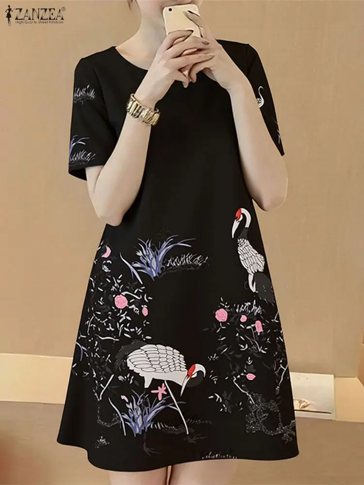 ZANZEA Elegante Mini Abito Stampato Floreale 2025 Manica Corta Vintage Ufficio Lavoro Vestito Estivo Moda Abito Allentato Femme Abiti