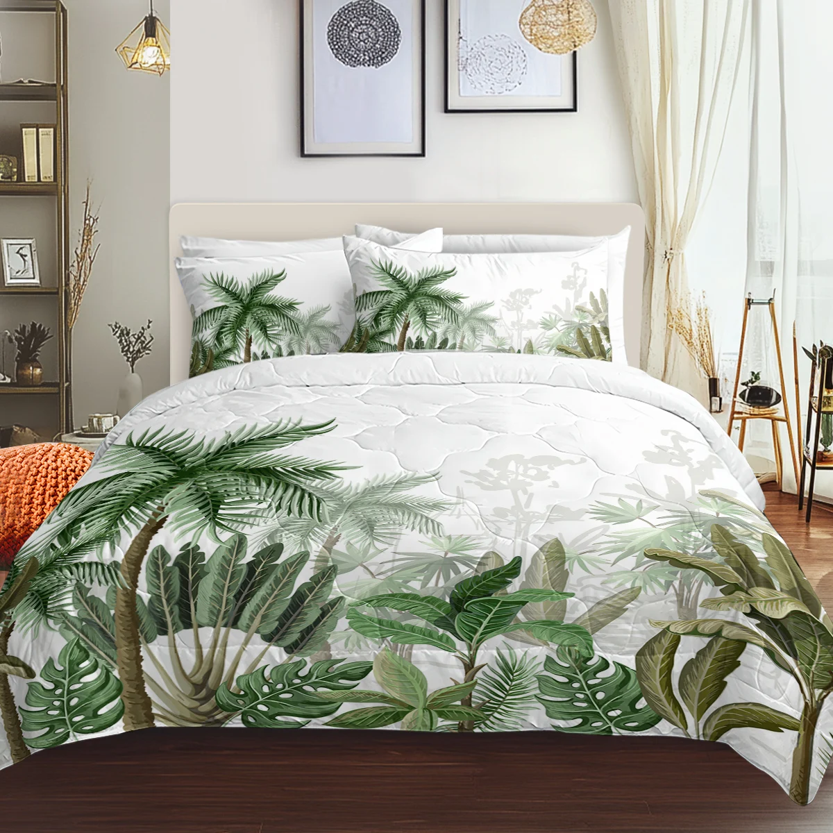 

3PCS Green Palms Tree Design Comforter Set 1 Comforter With 2 Pilowcases Kid Adults Bedroom Decor Coastal Hawaiian Banana Leaves