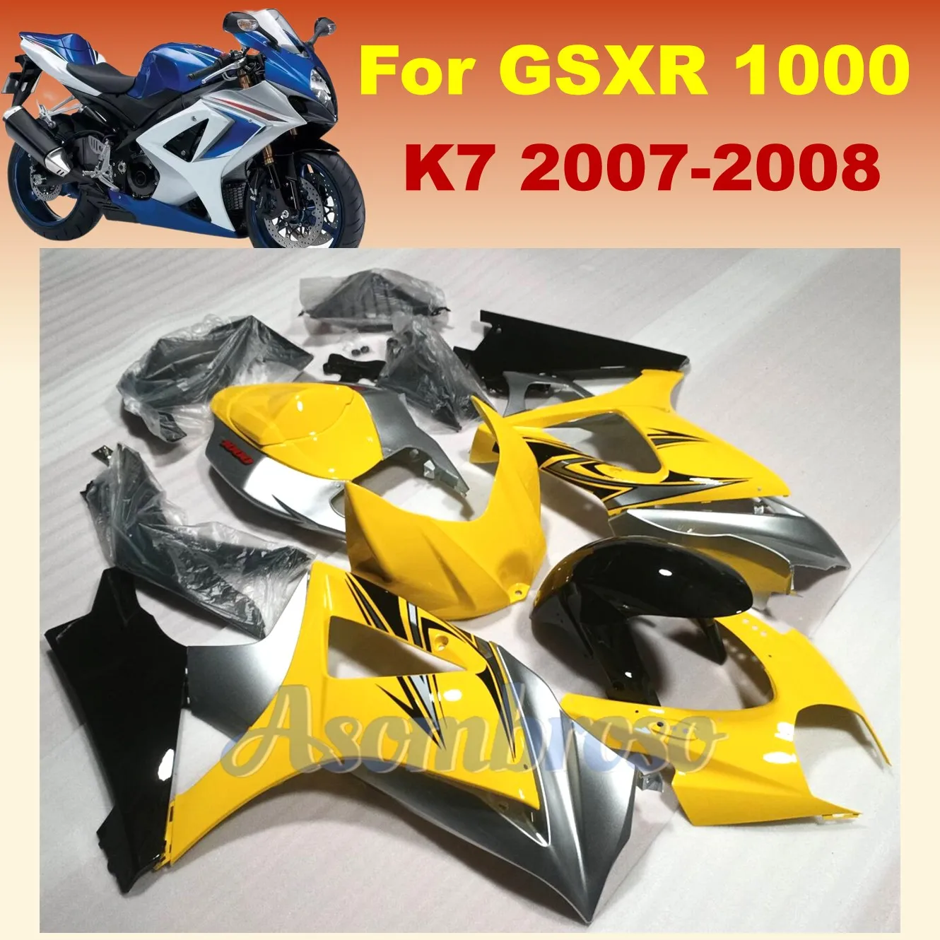 

100% Fit for Suzuki 2007 2008 GSXR1000 07 08 GSXR 1000 K7 Full Motorcycle Fairings Kit Yellow silvery black bodys