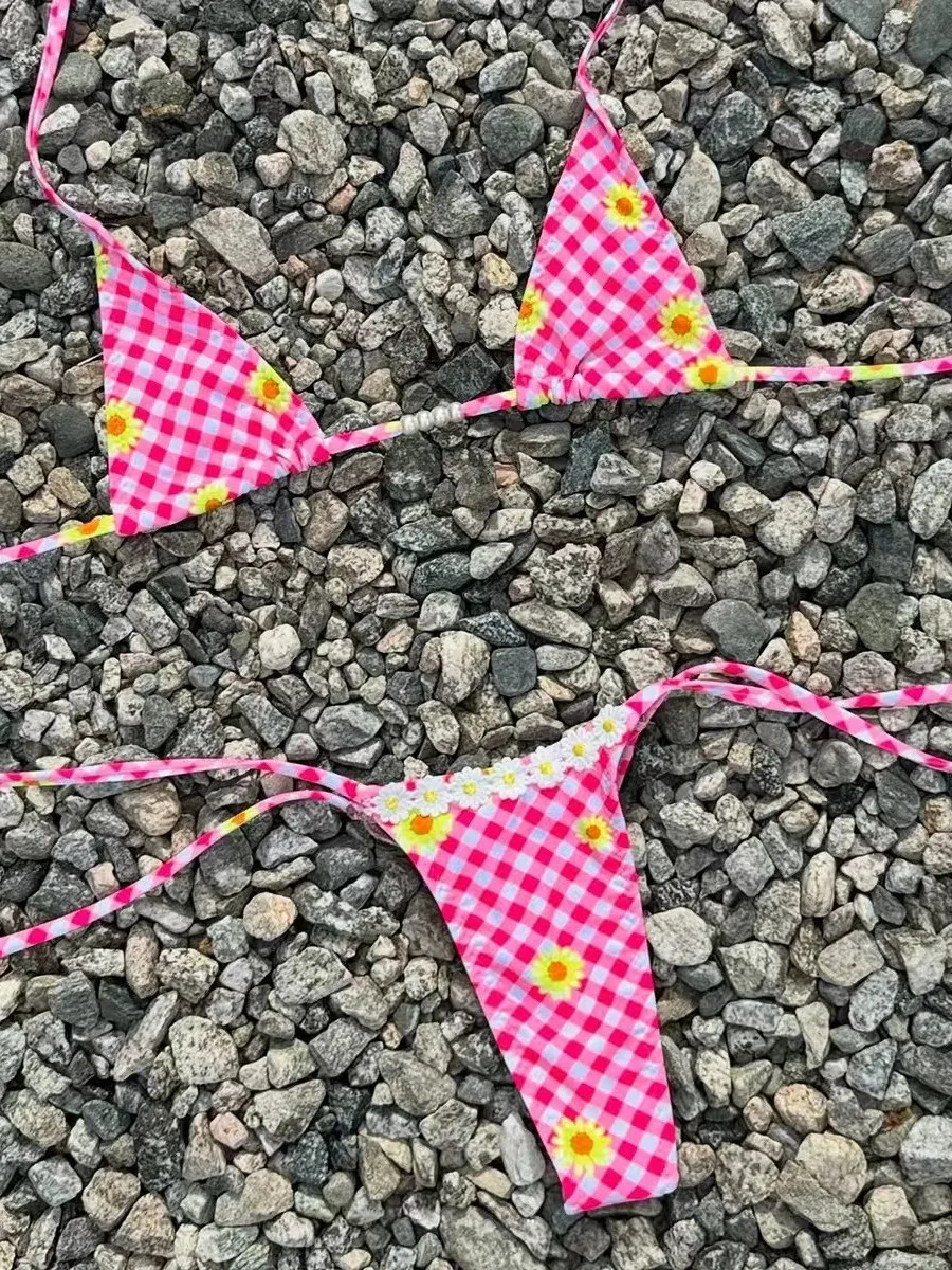 

2026 Summer Lace Up Floral Micro Bikini Set Sexy Printed Two Piece Swimsuit Women Summer Halter Thongs Suit Conjunto Feminino