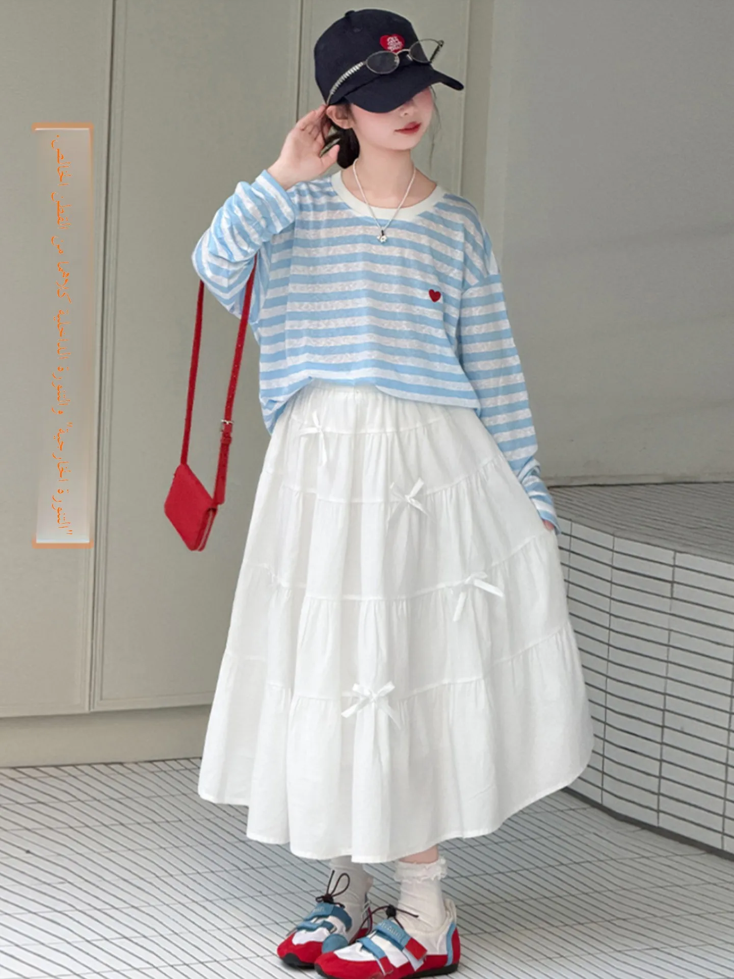 ホワイトコットンaラインスカートミディ丈女子学生スカートサマーケープリネススカート純綿スカート女の子用ミッドウエストデザイン