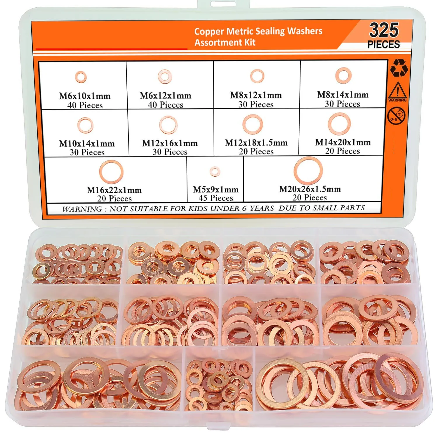 

150/325pcs Flat Copper Washers Set for drain oil plug,Copper Crush Washers Gasket Sealing ring Assortment Kit ,M6/M8/M10/M12-M20