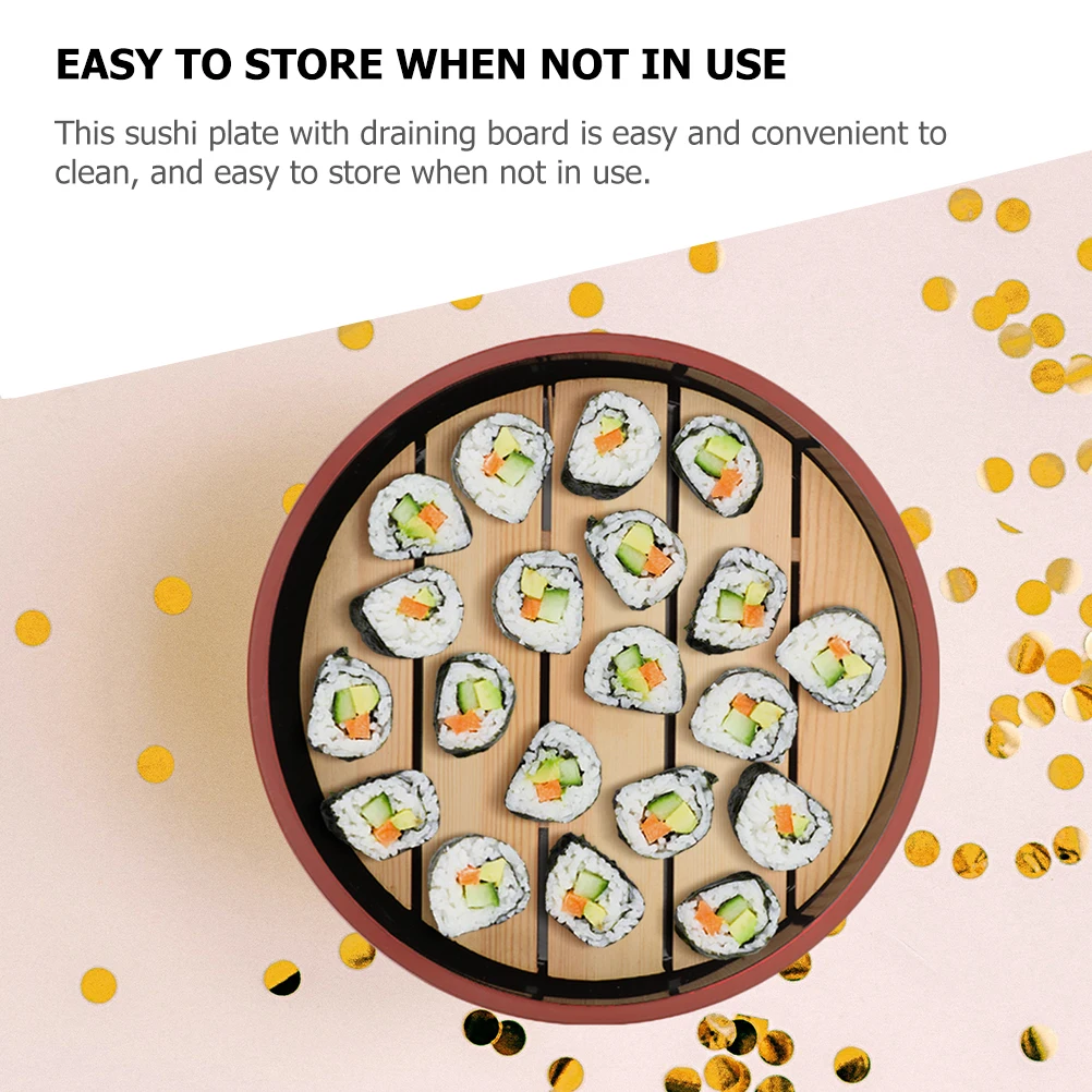 

Salmon Sashimi Plate Sushi Tray Kitchen Dish Food Dinning Reusable Round Wooden Plastic Draining Board Easy Clean Storage Trays