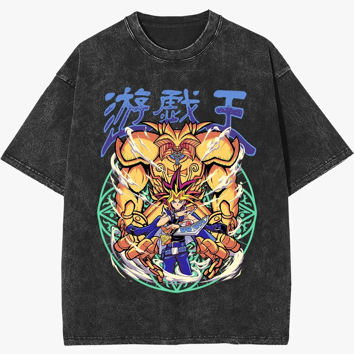 Yu-Gi-Oh Yugi Muto & Exodia Washed T-Shirt, Forbidden One Anime Print, Retro Oversized Cotton Streetwear Tee For Fans Men Women