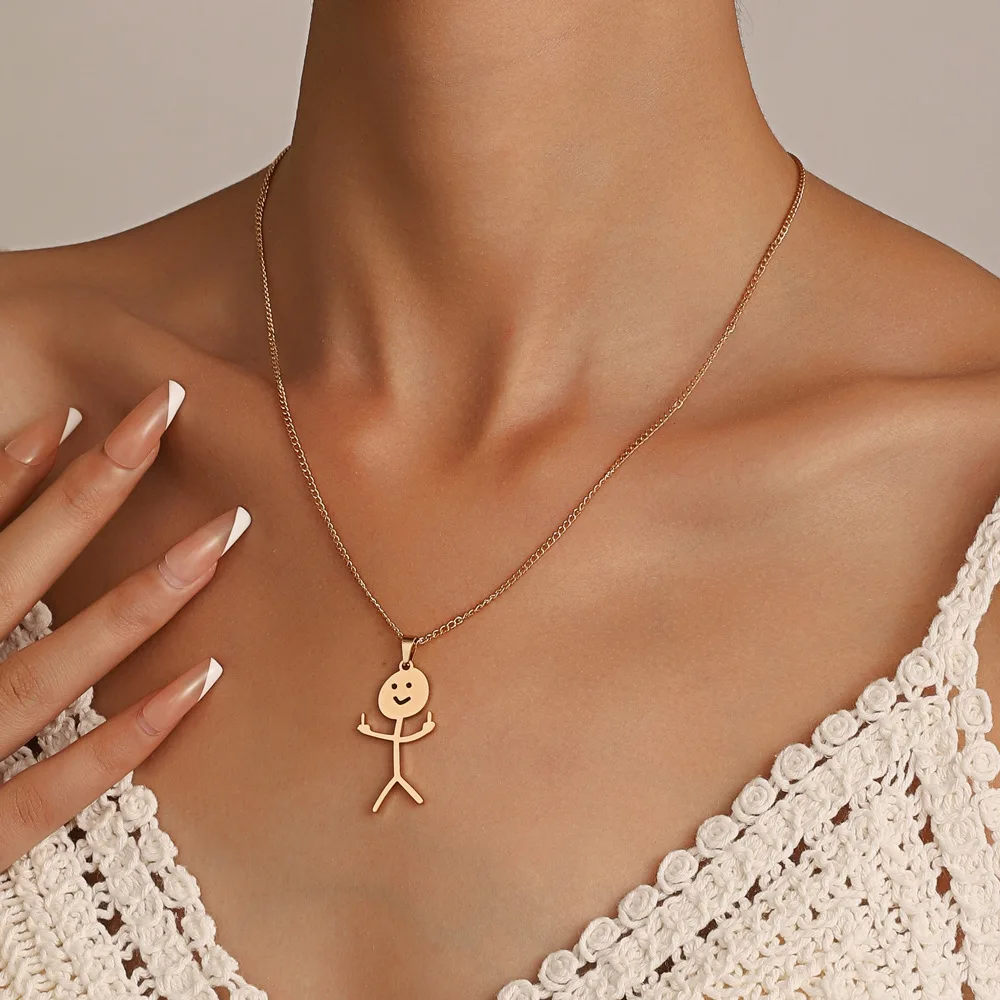 Creative Design Trendy Fun Graffiti Stainless Steel Middle Finger Funny Guy Pendant Necklace for Women Men Couple Jewelry Gift