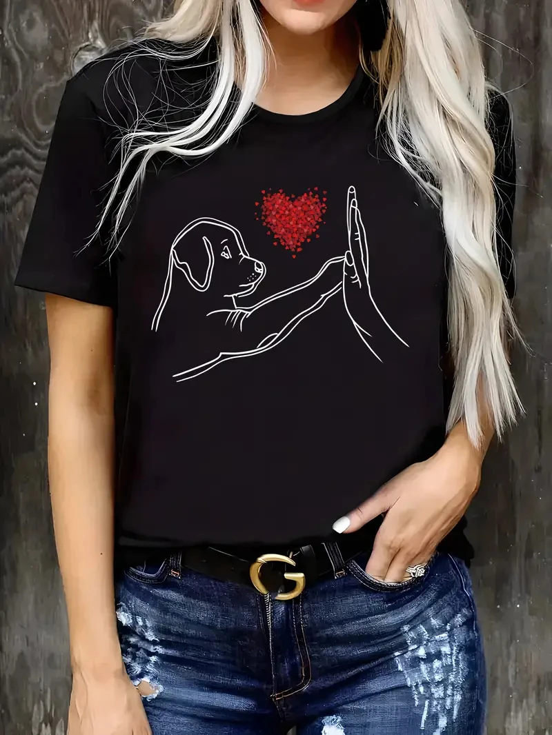 Heart & Dog Graphic Women's T-Shirt Crew Neck Short Sleeve T-Shirt, Casual Every Day Tops, Women's Clothing