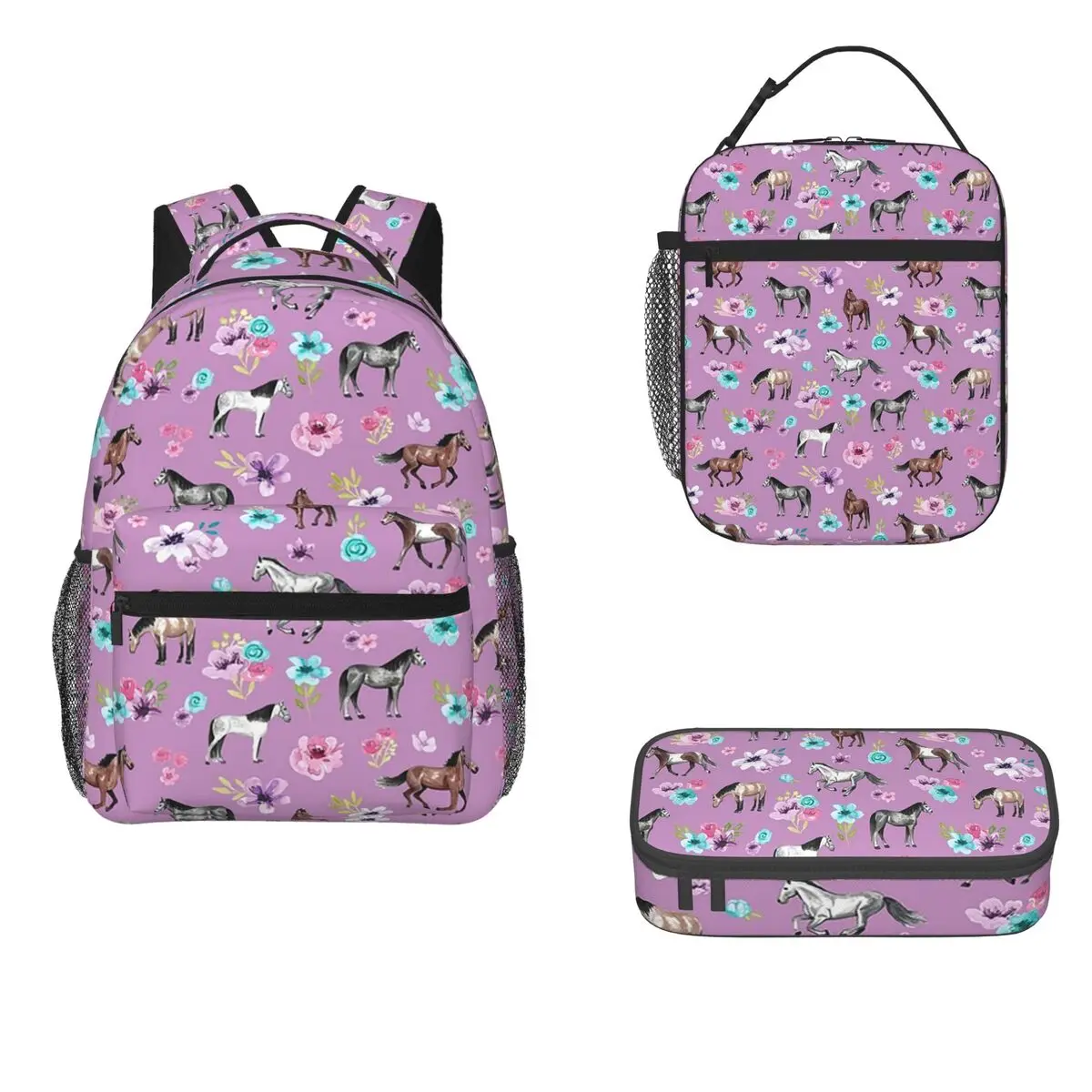 

Horses And Flowers Print, Light Purple, Pony, Floral Backpacks Boys Girls Bookbag Rucksack Lunch Bag Pen Bag Three-Piece Set