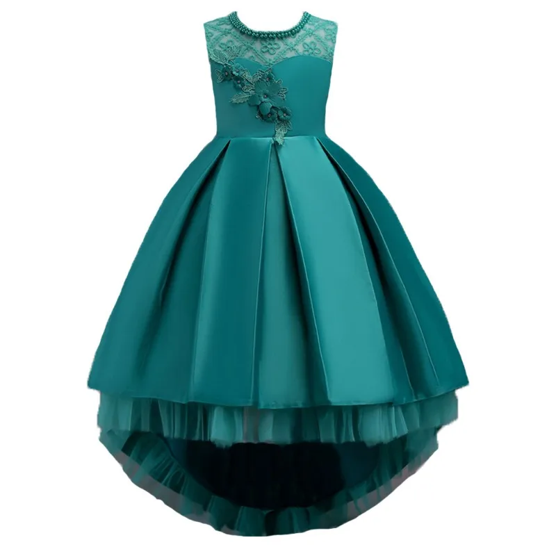 Children's Spring Summer Dress Princess Tail  Host Performance Flower Children's Solid O-Neck Flower Girl Dresses