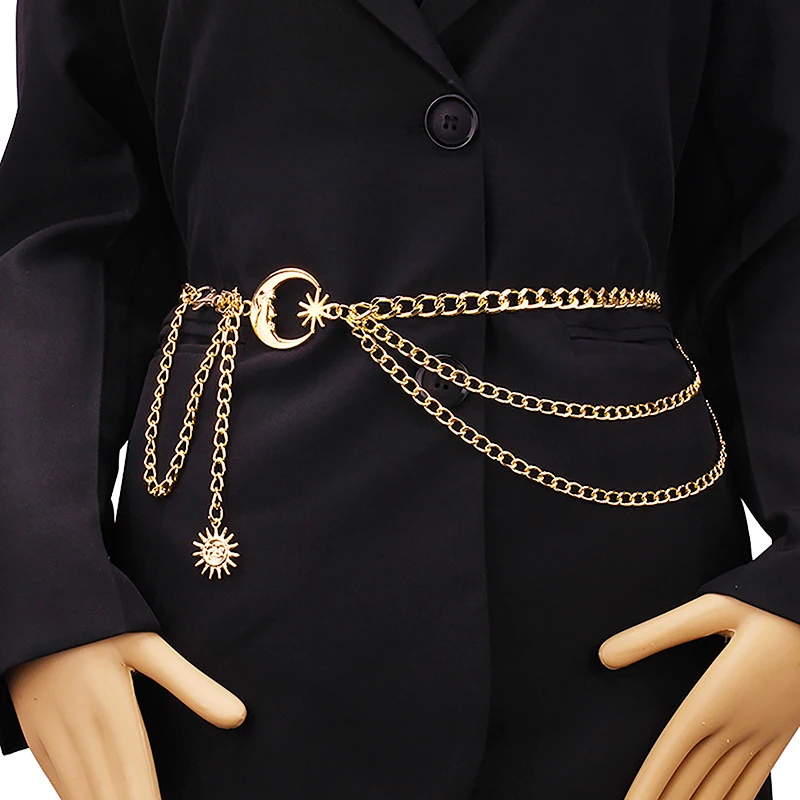 **1Pc Women Waist Chain Belt for Dress Skirt Belts with Moon Star Waistbands Gold Silver Ladies Clothing Chain Accessories