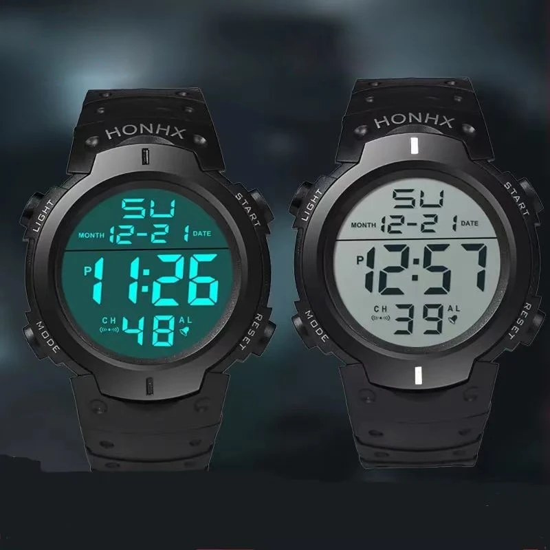 

Мужские многофункциональные цифровые часы со светодиодной подсветкой, большой дисплей, легко читаемые время, секундомер, таймер, будильник, спортивные часы с двойным временем и датой