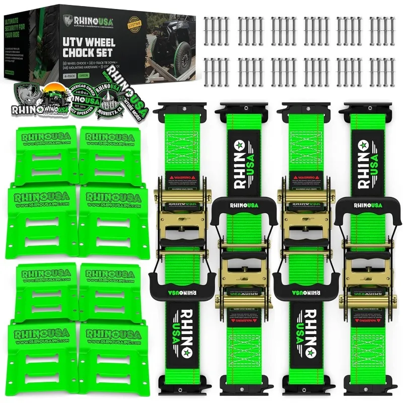 

Rhino USA Wheel Chock Tie Down Kit 4,500lb Break Strength(4)Heavy Duty Trailer Tire Ratchet Straps(8)Wheel Chocks-E Track System