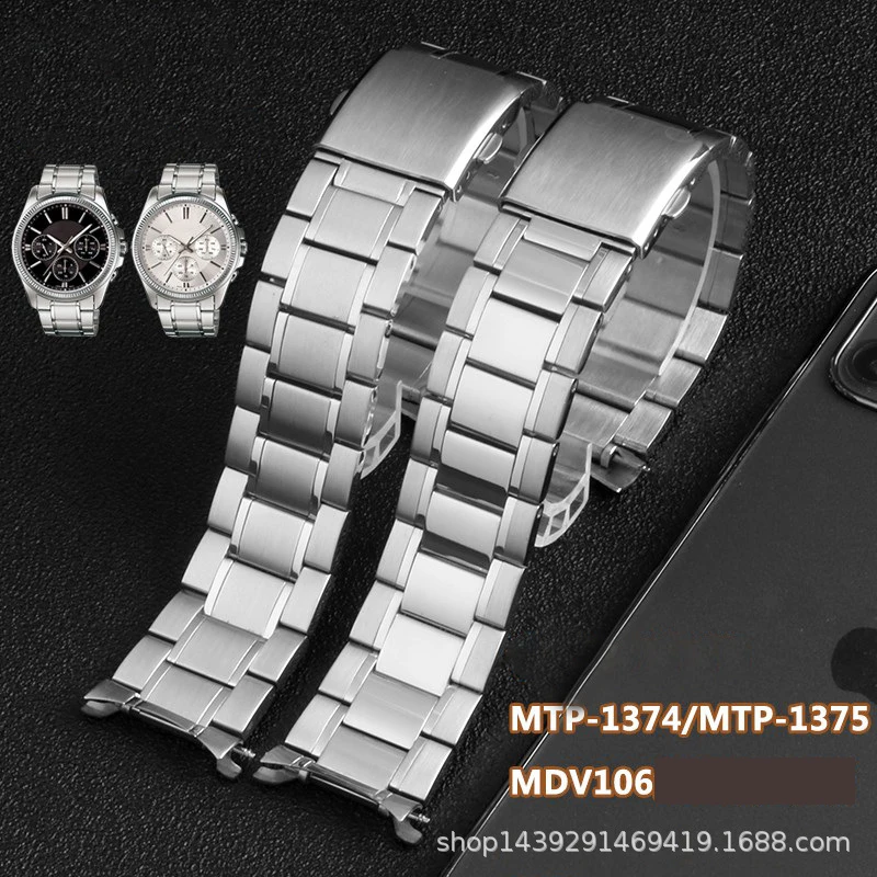 22mm Soild Stainless Steel Curved Watchband For Casio MDV-106/01 Bracelet MDV106 Swordfish Strap MTP-1374 MTP-1375 Men Wristband