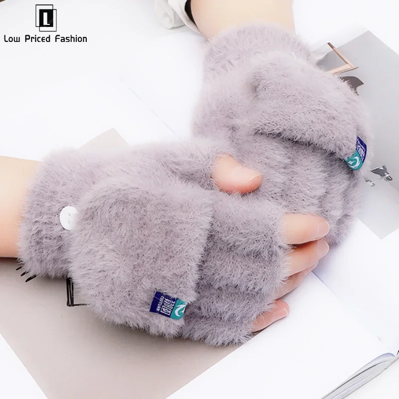 Winter Rabbit Fur Mittens Women Warm Gloves Feamle Girls Flip Plush Glove Fingerless Thicken Warm Mitten Work Gloves Half Finger